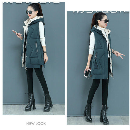 Long Puffer Vest for Women Full Zip Hooded Winter Quilted Vest Jacket