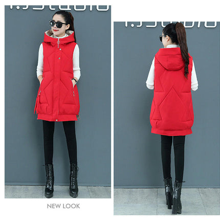 Long Puffer Vest for Women Full Zip Hooded Winter Quilted Vest Jacket