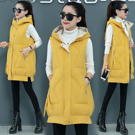 Long Puffer Vest for Women Full Zip Hooded Winter Quilted Vest Jacket