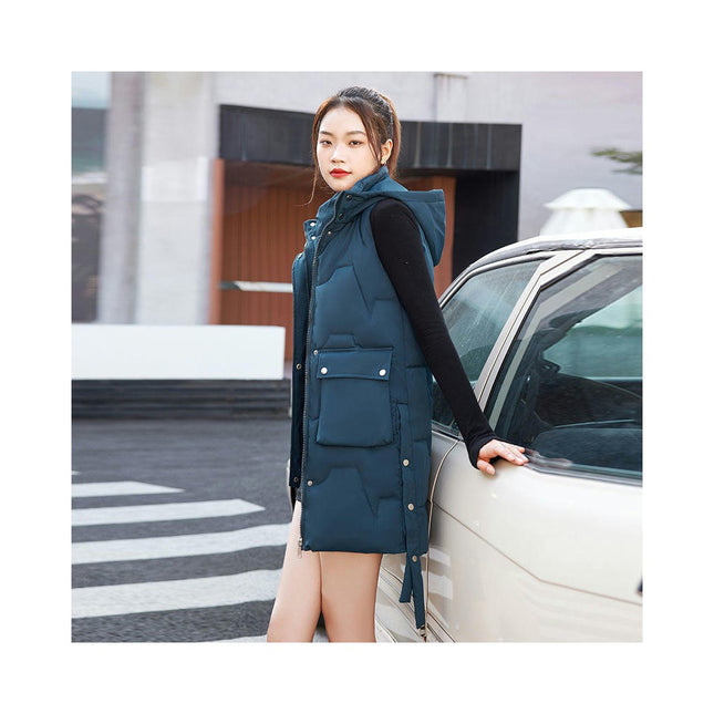 Long Hooded Puffer Vest for Women Full Zip Sleeveless Padded Winter Warm Jacket