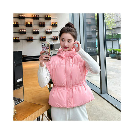 Women Cropped Puffer Vest Hooded Winter Zip Up Sleeveless Jackets Padded Outerwear