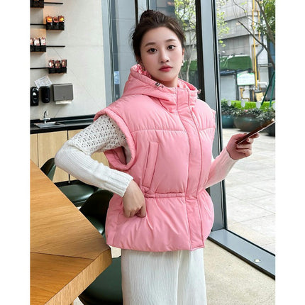 Women Cropped Puffer Vest Hooded Winter Zip Up Sleeveless Jackets Padded Outerwear