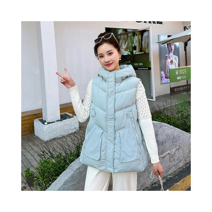 Womens Hooded Puffer Vest Sleeveless Zip Up Winter Padded Outwear with Pocket