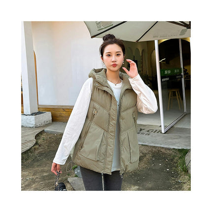 Womens Hooded Puffer Vest Sleeveless Zip Up Winter Padded Outwear with Pocket