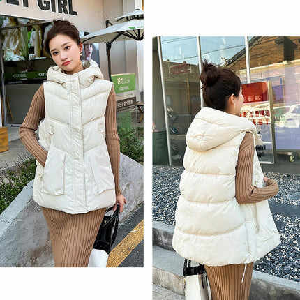 Womens Hooded Puffer Vest Sleeveless Zip Up Winter Padded Outwear with Pocket