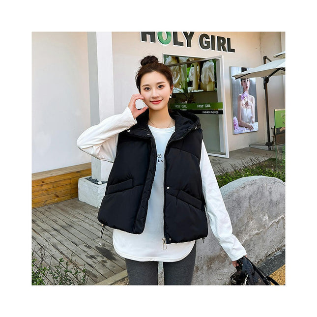 Womens Cropped Hooded Puffer Vest Sleeveless Zip Up Winter Padded Outwear