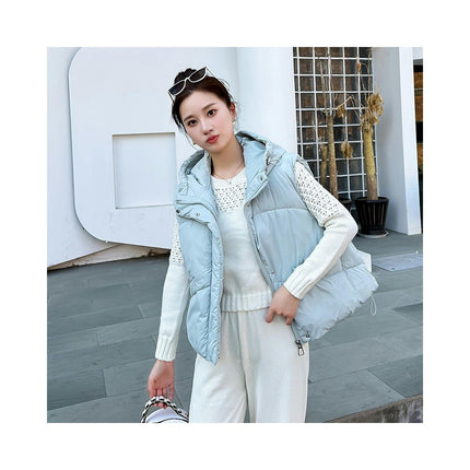 Womens Cropped Hooded Puffer Vest Sleeveless Zip Up Winter Padded Outwear