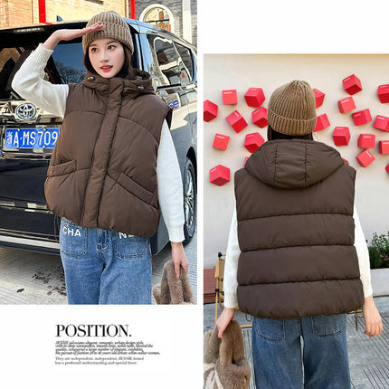 Womens Cropped Hooded Puffer Vest Sleeveless Zip Up Winter Padded Outwear