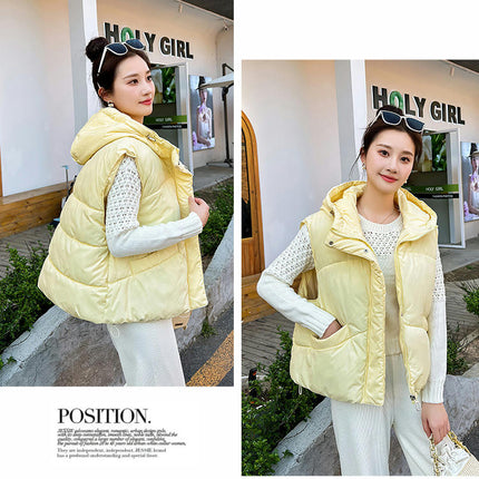 Womens Cropped Hooded Puffer Vest Sleeveless Zip Up Winter Padded Outwear