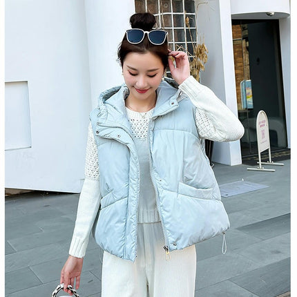 Womens Cropped Hooded Puffer Vest Sleeveless Zip Up Winter Padded Outwear