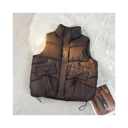Women's Stand Collar Crop Puffer Vest Sleeveless Winter Warm Outerwear