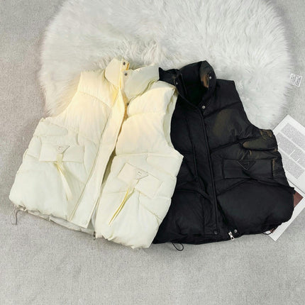 Women's Stand Collar Crop Puffer Vest Sleeveless Winter Warm Outerwear