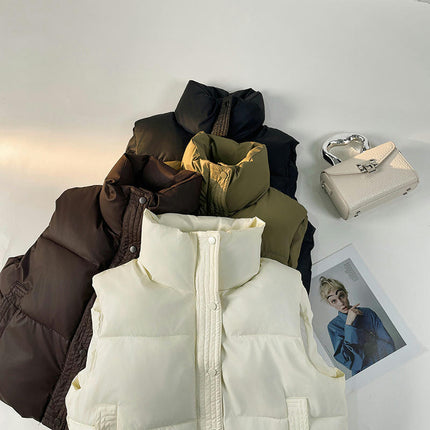 Women Stand Collar Cropped Puffer Vest Sleeveless Zip Up Padded Winter Warm Outerwear