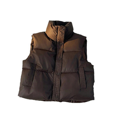 Women Stand Collar Cropped Puffer Vest Sleeveless Zip Up Padded Winter Warm Outerwear