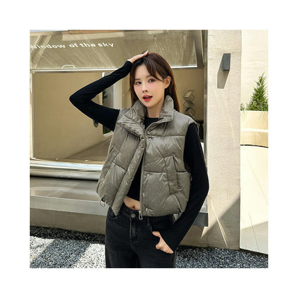 Women's Warm Cropped Puffer Vest Stand Collar Zip Up Winter Outerwear