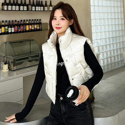 Women's Warm Cropped Puffer Vest Stand Collar Zip Up Winter Outerwear