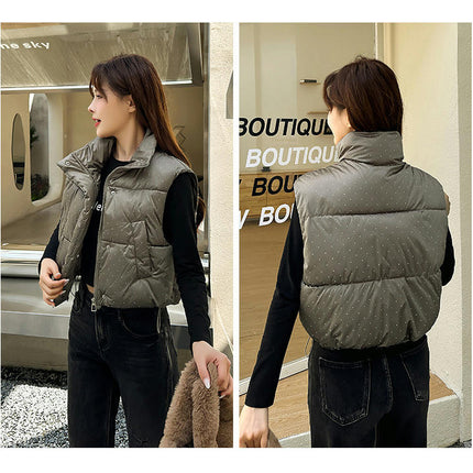 Women's Warm Cropped Puffer Vest Stand Collar Zip Up Winter Outerwear