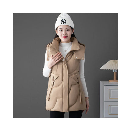 Women's Puffer Vest Zip Up Stand Collar Winter Vest Padded Outerwear with Hood