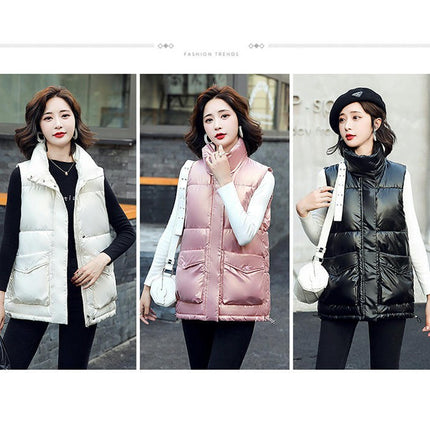 Women's Zip Up Puffer Vest with Pockets Stand Collar Sleeveless Padded Winter Outwear