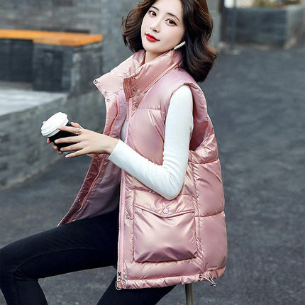 Women's Zip Up Puffer Vest with Pockets Stand Collar Sleeveless Padded Winter Outwear