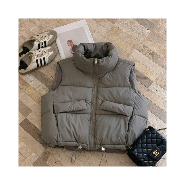Women's Cropped Puffer Vest Sleeveless Stand Collar Outerwear Warm Padded Gilet