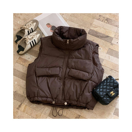 Women's Cropped Puffer Vest Sleeveless Stand Collar Outerwear Warm Padded Gilet