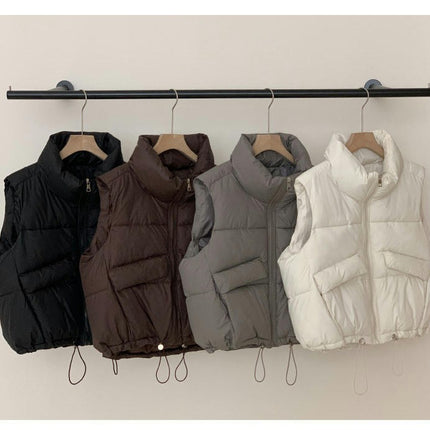 Women's Cropped Puffer Vest Sleeveless Stand Collar Outerwear Warm Padded Gilet