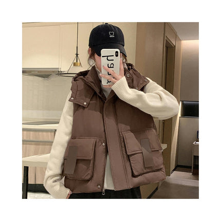 Women's Puffer Hooded Vest Quilted Padded Gilet Jacket Zip Up Warm Outerwear
