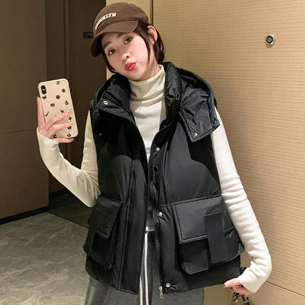 Women's Puffer Hooded Vest Quilted Padded Gilet Jacket Zip Up Warm Outerwear