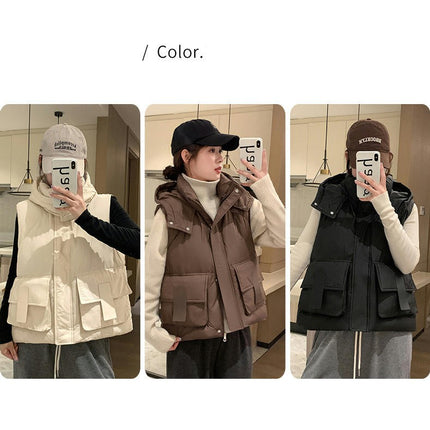 Women's Puffer Hooded Vest Quilted Padded Gilet Jacket Zip Up Warm Outerwear