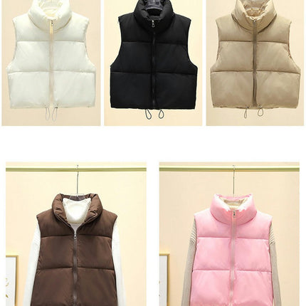 Womens Winter Crop Puffer Vest Lightweight Sleeveless Padded Gilet Coat Stand Collar Outwear