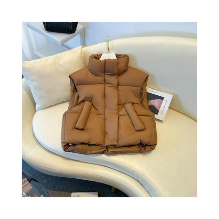 Women Cropped Puffer Vest Sleeveless Winter Outerwear Warm Stand Collar Gilet