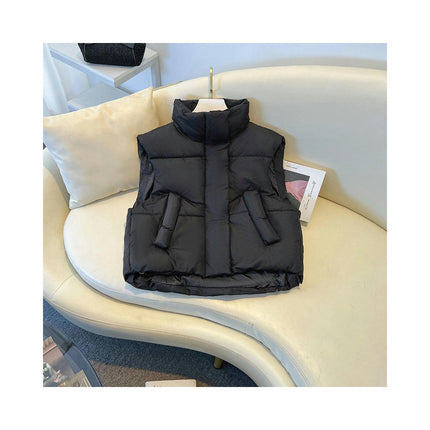 Women Cropped Puffer Vest Sleeveless Winter Outerwear Warm Stand Collar Gilet