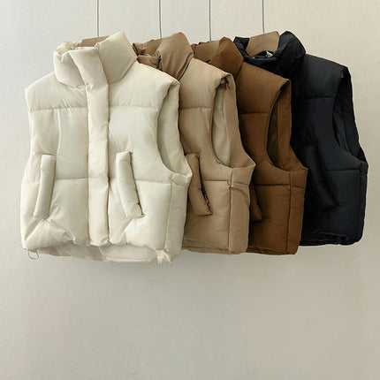 Women Cropped Puffer Vest Sleeveless Winter Outerwear Warm Stand Collar Gilet
