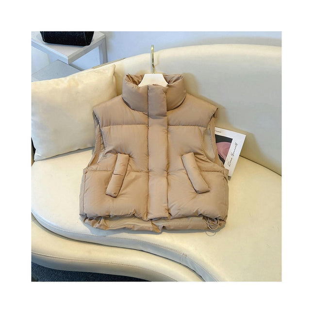 Women Cropped Puffer Vest Sleeveless Winter Outerwear Warm Stand Collar Gilet
