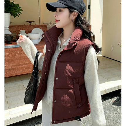 Women's Winter Cropped Vest Puffer Stand Collar Padded Sleeveless Jacket