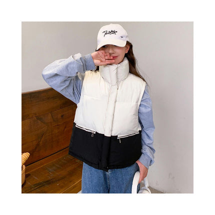Womens Cropped Puffer Vest Stand Collar Sleeveless Padded Coat with Pockets