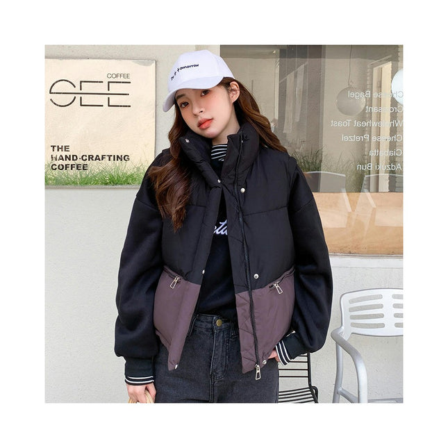 Womens Cropped Puffer Vest Stand Collar Sleeveless Padded Coat with Pockets