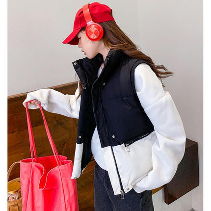 Womens Cropped Puffer Vest Stand Collar Sleeveless Padded Coat with Pockets