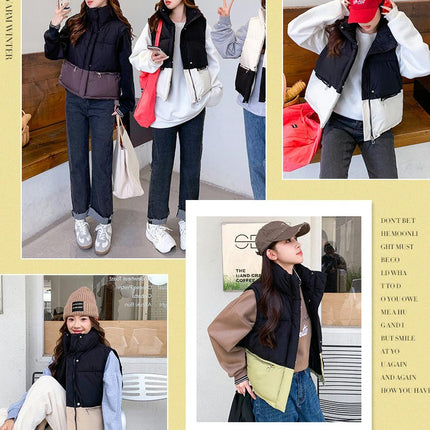 Womens Cropped Puffer Vest Stand Collar Sleeveless Padded Coat with Pockets