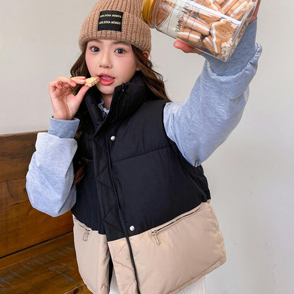 Womens Cropped Puffer Vest Stand Collar Sleeveless Padded Coat with Pockets