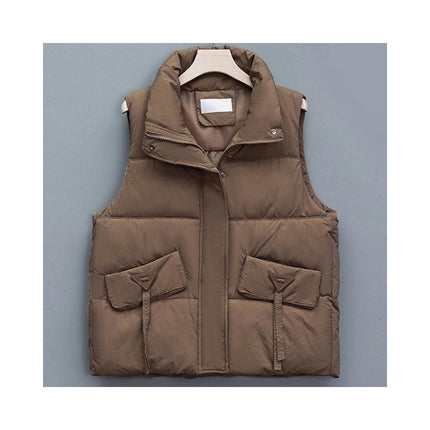 Puffer Vest Women Sleeveless Winter Cropped Outerwear Warm Stand Collar Coat