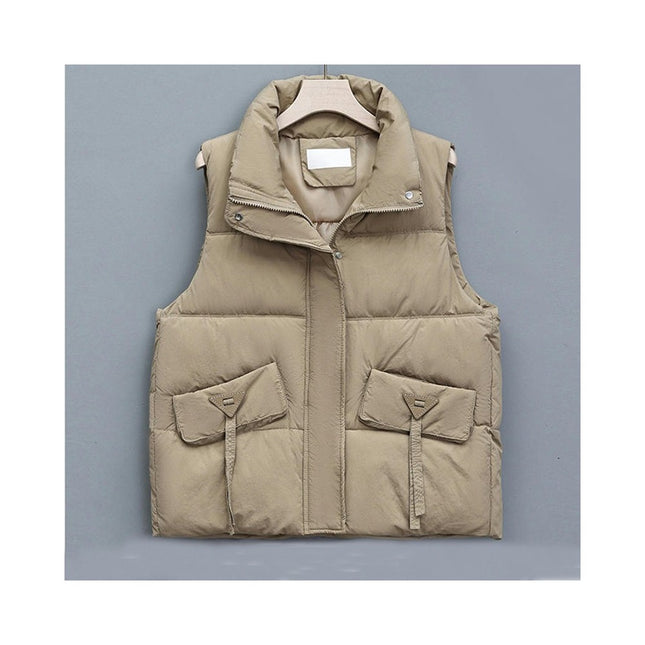 Puffer Vest Women Sleeveless Winter Cropped Outerwear Warm Stand Collar Coat