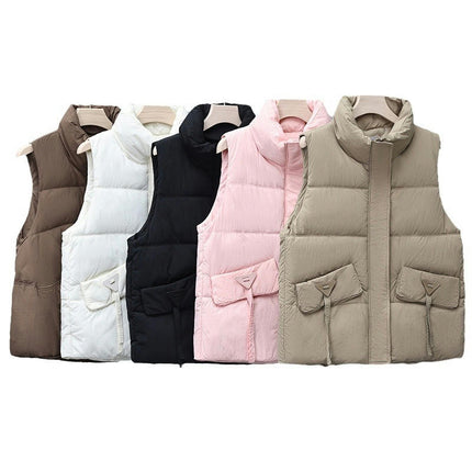 Puffer Vest Women Sleeveless Winter Cropped Outerwear Warm Stand Collar Coat