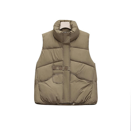 Women's Cropped Zip Up Puffer Vest Stand Collar Sleeveless Outerwear with Pockets