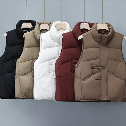 Women's Cropped Zip Up Puffer Vest Stand Collar Sleeveless Outerwear with Pockets