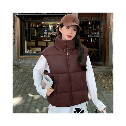 Women's Stand Collar Cropped Puffer Vest Sleeveless Padded Gilet Coat