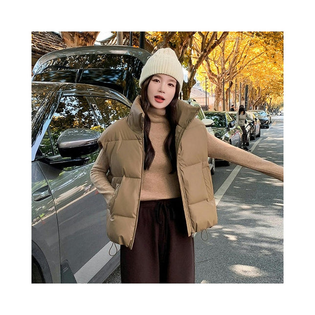 Women's Stand Collar Cropped Puffer Vest Sleeveless Padded Gilet Coat