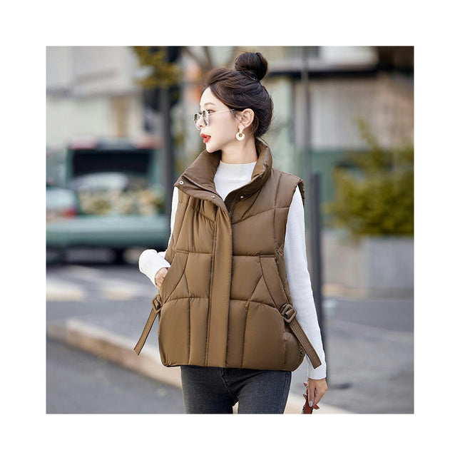 Womens Puffer Vest Stand Collar Sleeveless Padded Short Coat with Pockets
