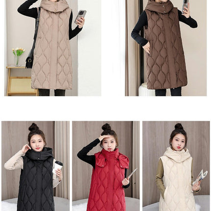 Women's Long Puffer Vest Winter Quilted Hooded Sleeveless Full Zip Outwear